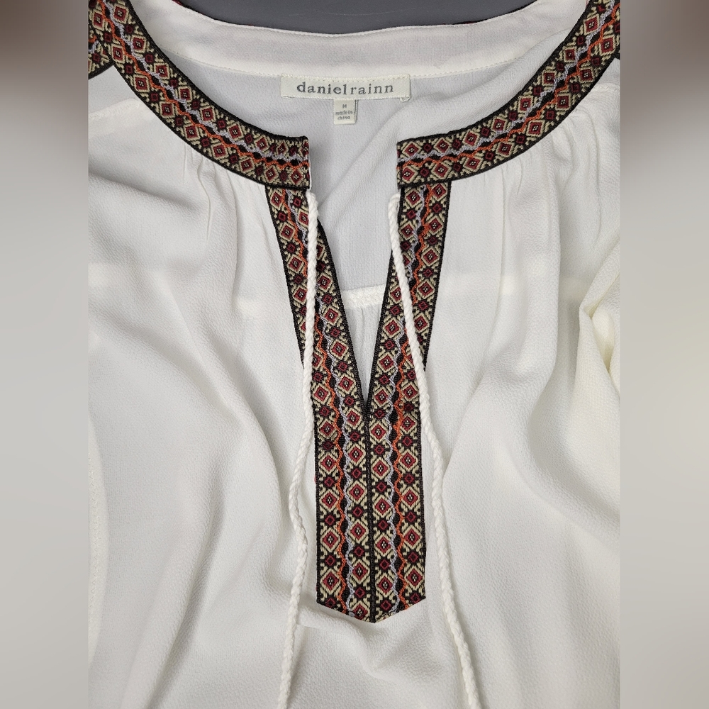 Daniel Rainn DR2 Women's Long-sleeved White Chiffon Tassels Boho Peasant Medium
